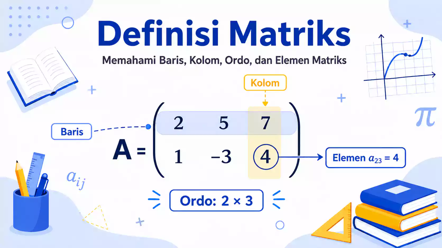 Definisi matriks yang menunjukkan baris, kolom, ordo, dan posisi elemen matriks