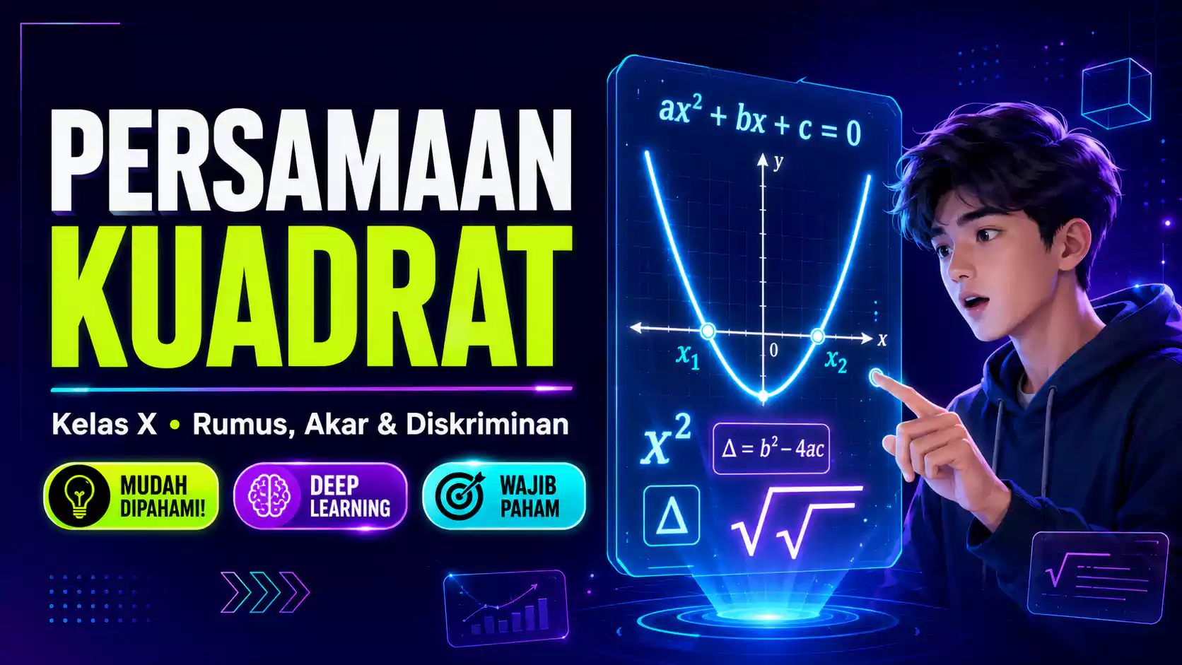 Materi persamaan kuadrat kelas X meliputi faktorisasi, rumus abc, diskriminan, hubungan akar, dan contoh soal