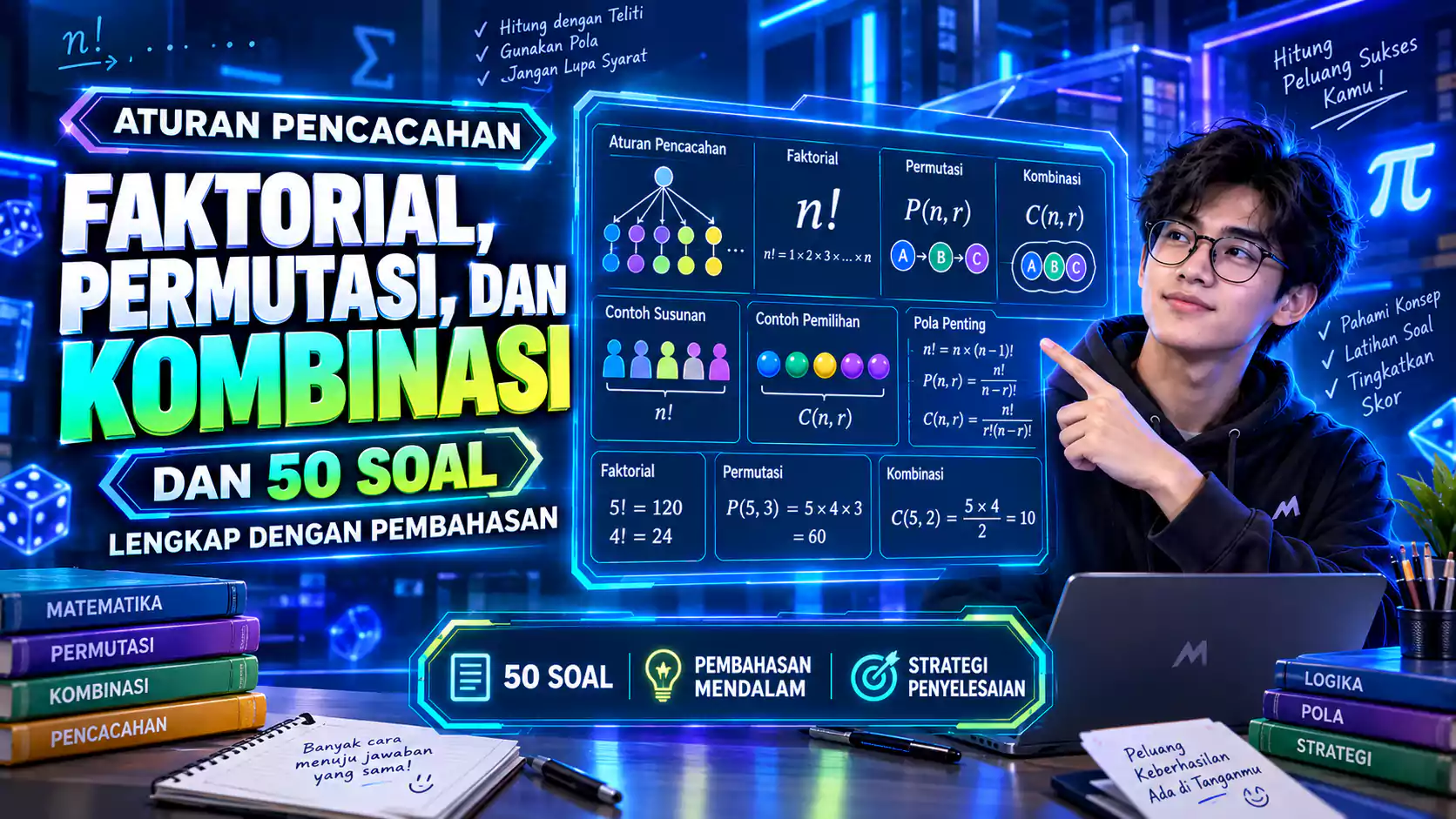 Aturan Pencacahan, Faktorial, Permutasi, dan Kombinasi dan 50 Soal Lengkap dengan Pembahasan
