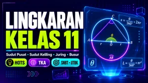 Ilustrasi materi Lingkaran Kelas 11 yang membahas sudut pusat, sudut keliling, luas juring, panjang busur, dan hubungan antarkonsep